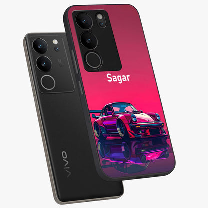 Neon Pink Porsche Glass Case displayed in angled mockup highlighting sleek neon pink car design with racing aesthetic.