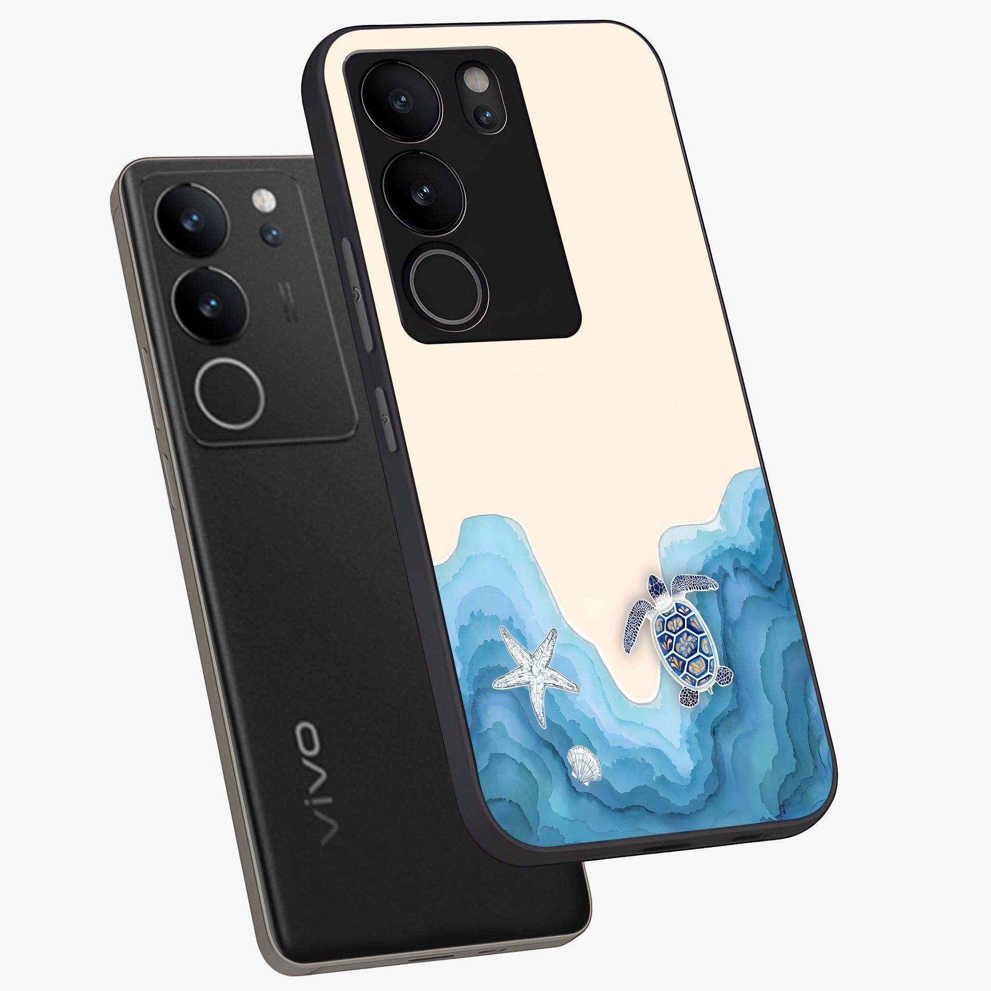 Ocean Drift Turtle Glass Case displayed in angled mockup highlighting peaceful ocean turtle illustration with marine aesthetic.