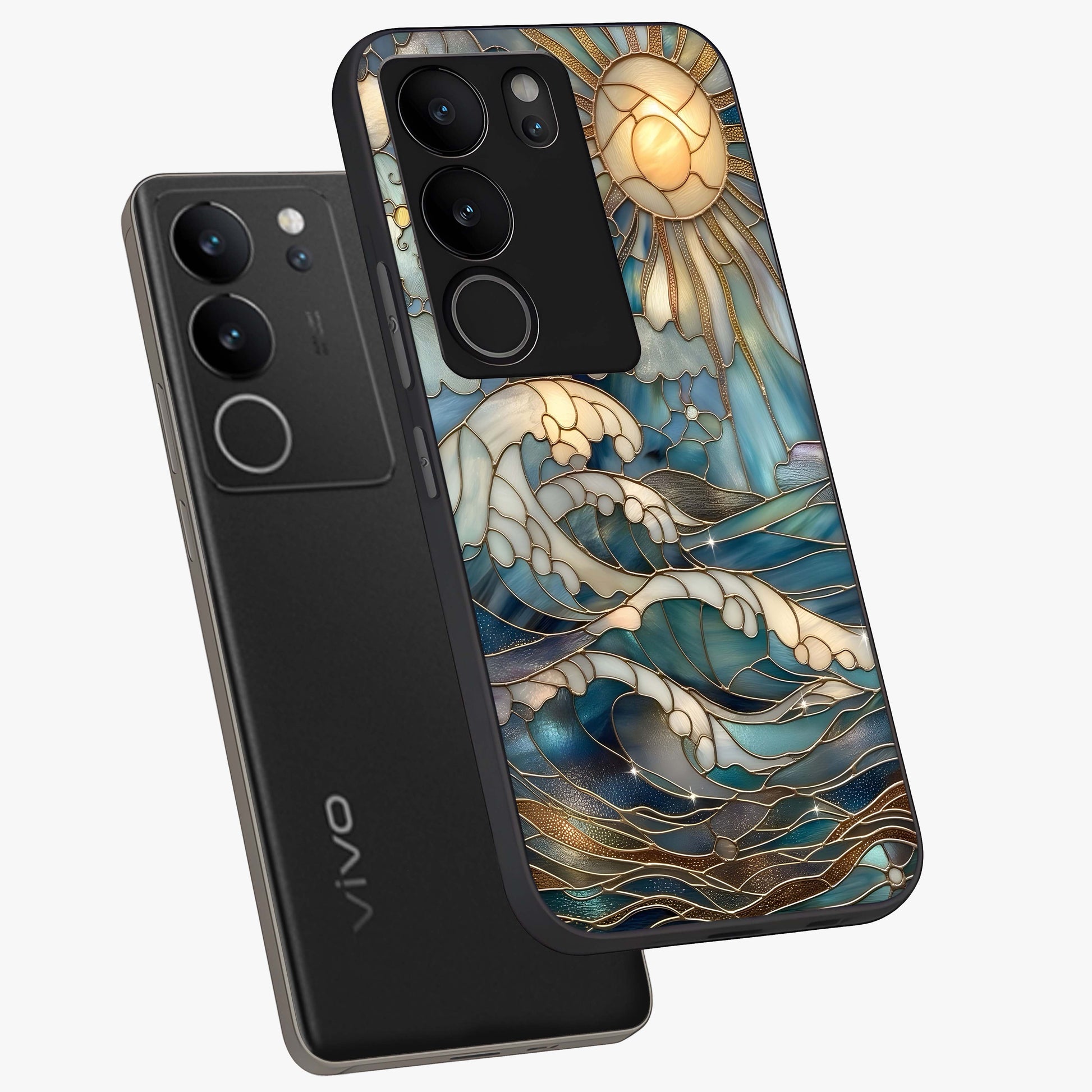 Oceanic Stained Printed Glass Case displayed in angled mockup highlighting colorful aquatic design with artistic aesthetic style.