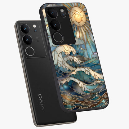 Oceanic Stained Printed Glass Case displayed in angled mockup highlighting colorful aquatic design with artistic aesthetic style.