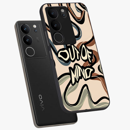 Out Of Mind Glass Case displayed in angled mockup highlighting bold statement design with modern artistic aesthetic.