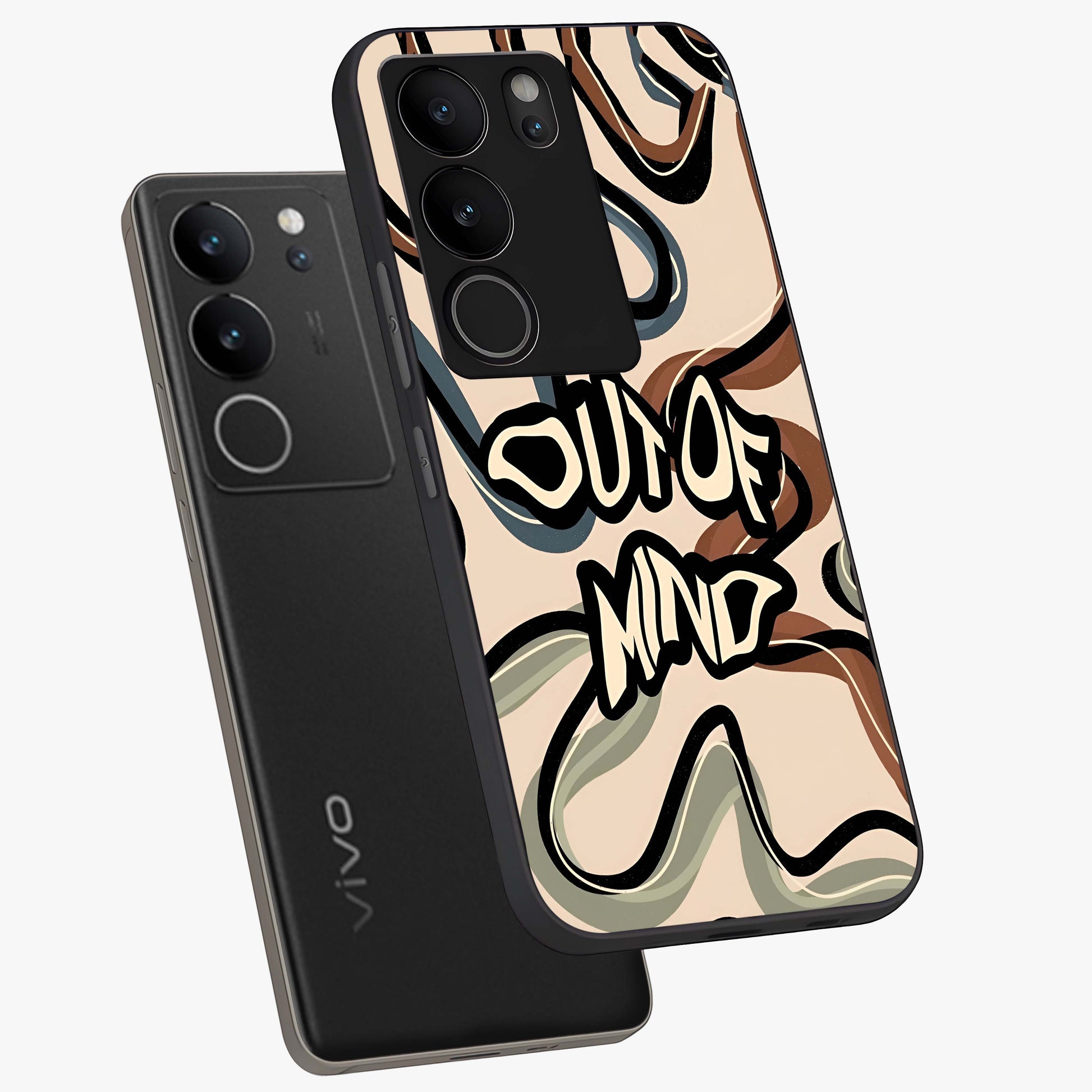 Out Of Mind Glass Case displayed in angled mockup highlighting bold statement design with modern artistic aesthetic.