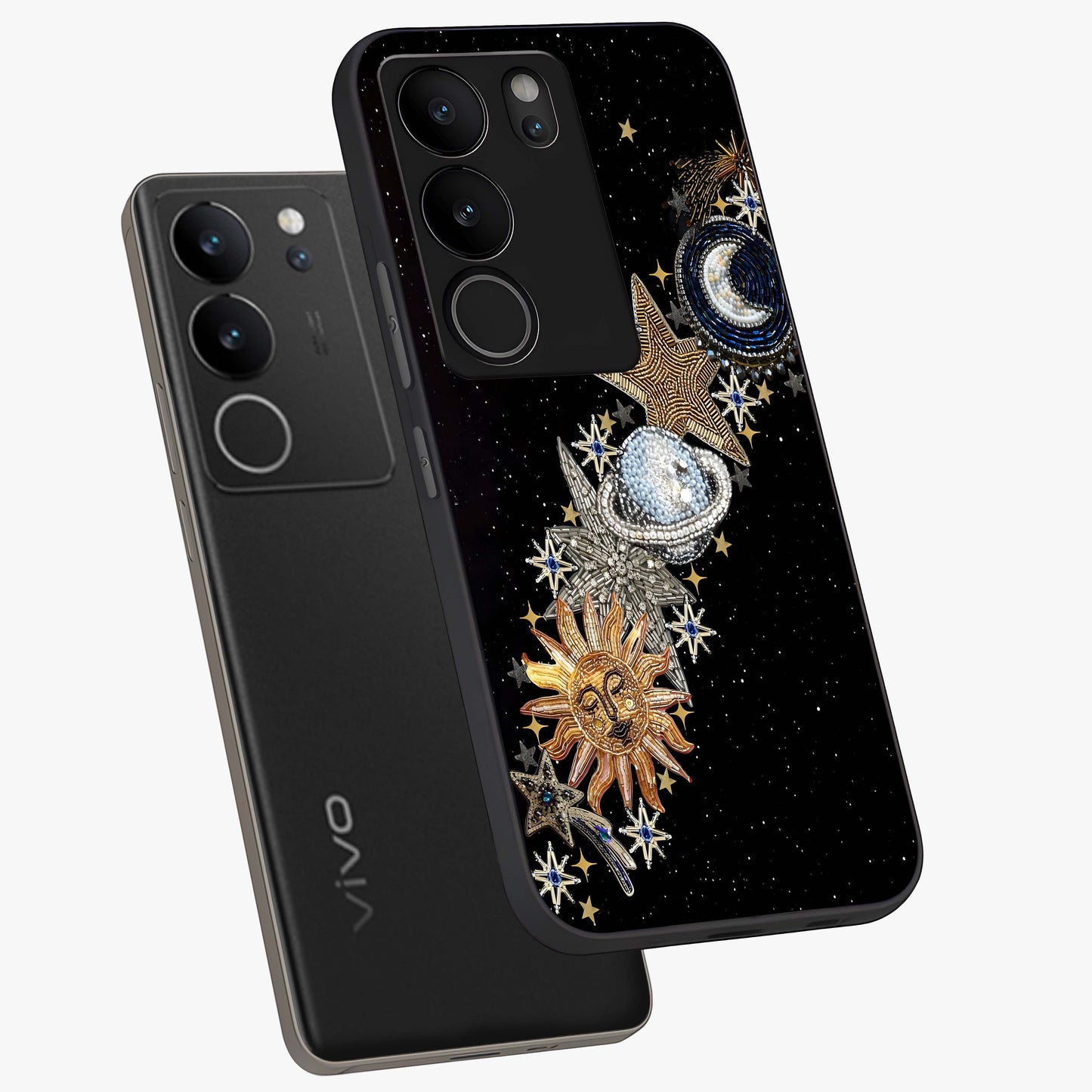 Pearls Universe Object Glass Case displayed in angled mockup highlighting celestial pearl design with dreamy aesthetic.