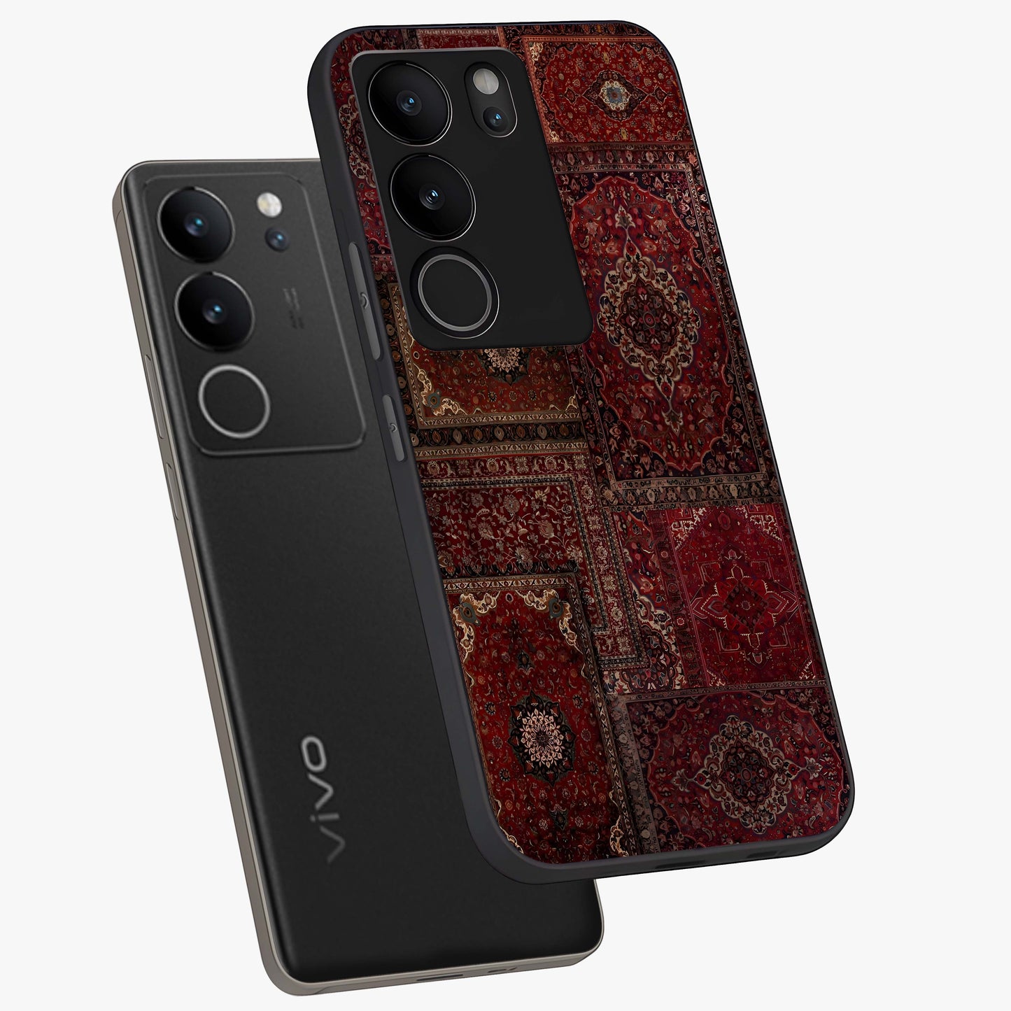 Persian Velvet Tale Glass Case displayed in angled mockup highlighting ornate textile inspired design with royal aesthetic.