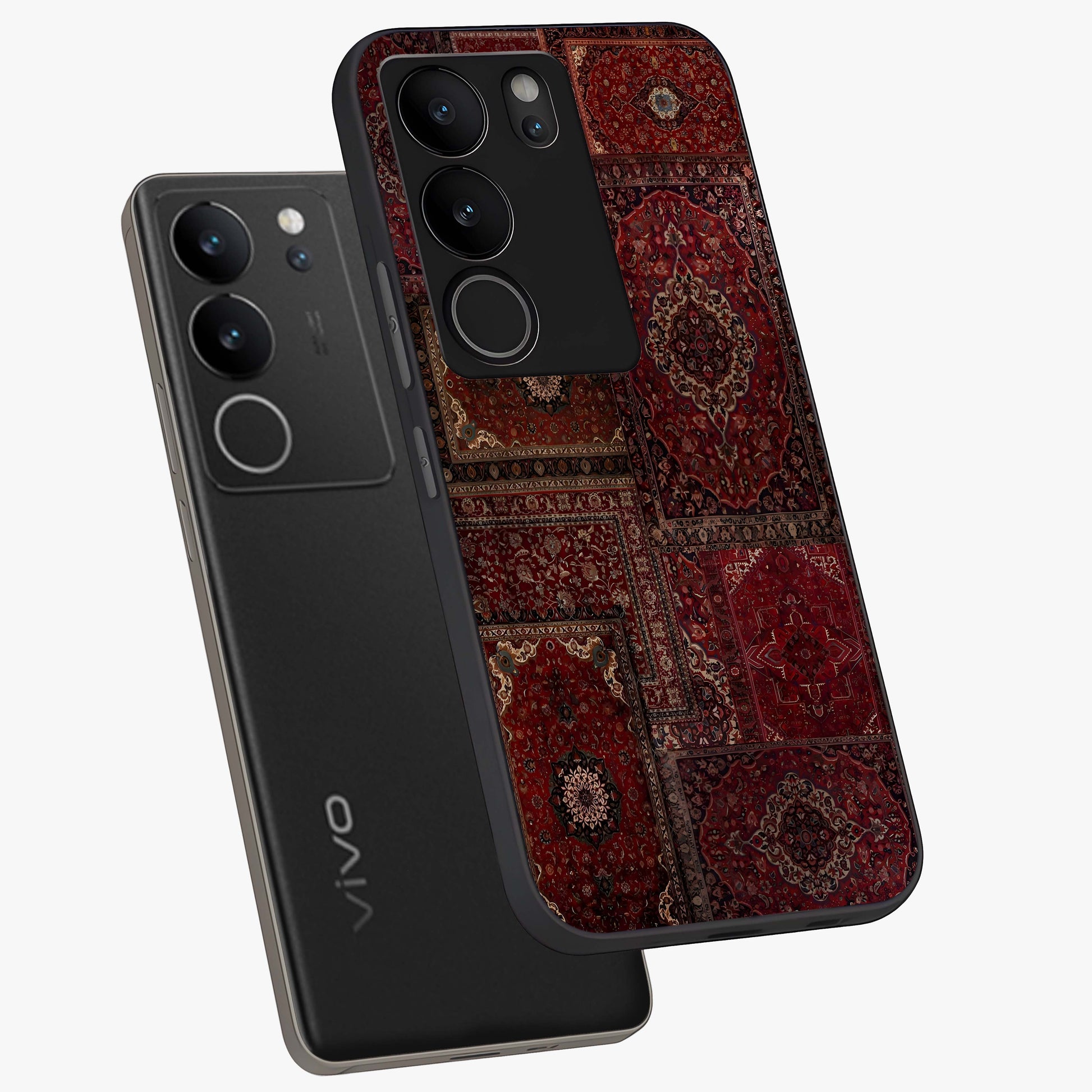 Persian Velvet Tale Glass Case displayed in angled mockup highlighting ornate textile inspired design with royal aesthetic.