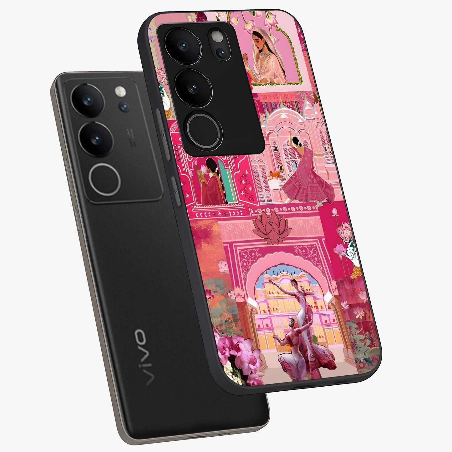 Pink Palace Muse Glass Case displayed in angled mockup highlighting dreamy palace illustration with soft pink aesthetic.