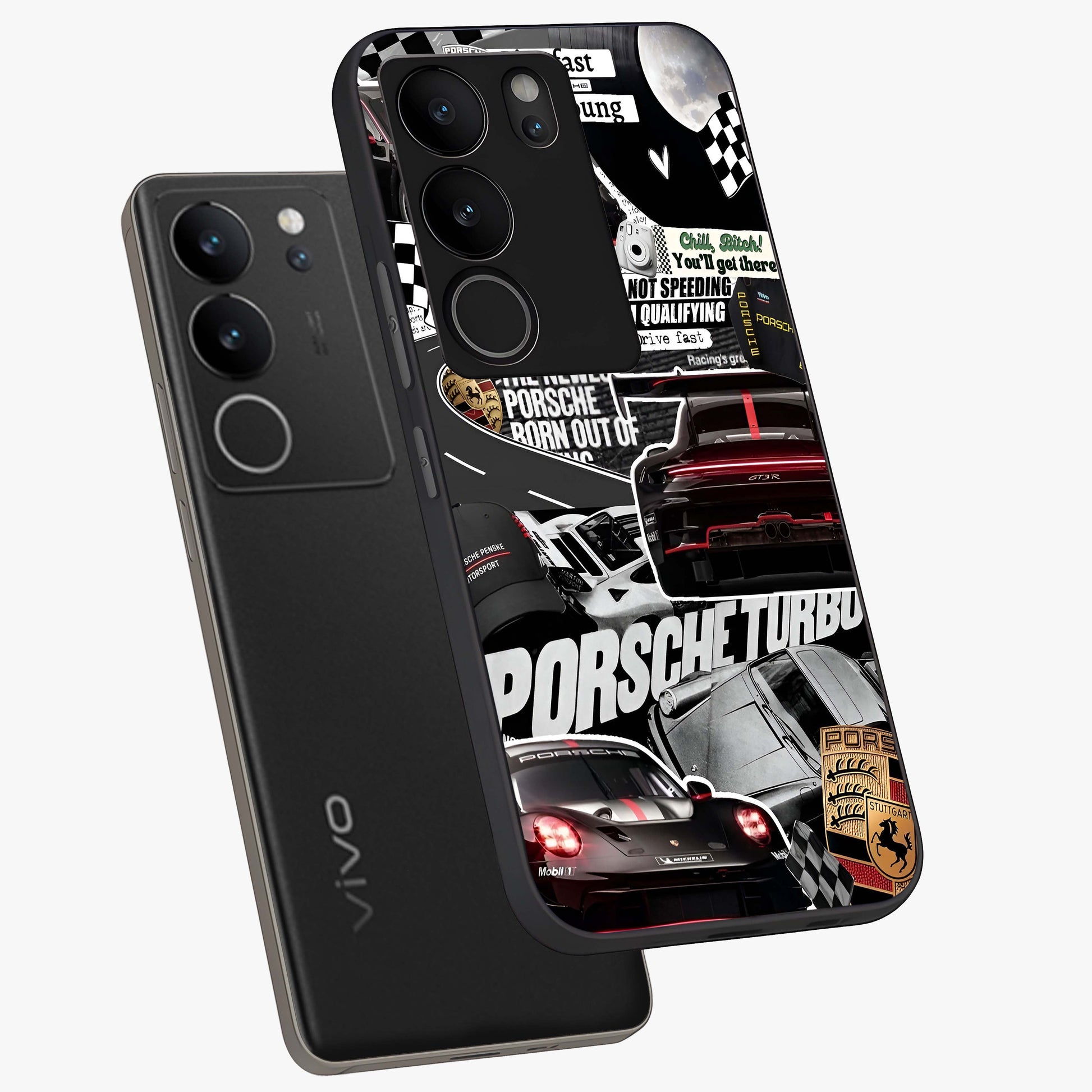 Porsche Racing Collage Glass Case displayed in angled mockup highlighting dynamic automotive design with bold racing aesthetic.