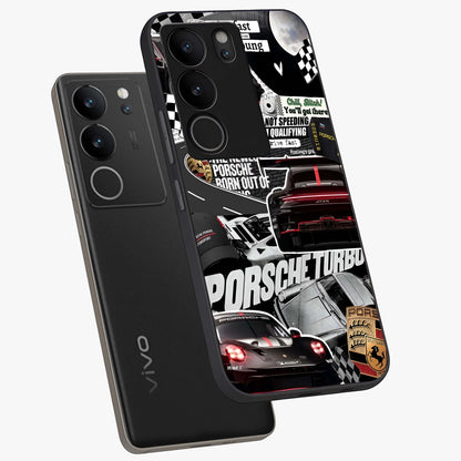 Porsche Racing Collage Glass Case displayed in angled mockup highlighting dynamic automotive design with bold racing aesthetic.