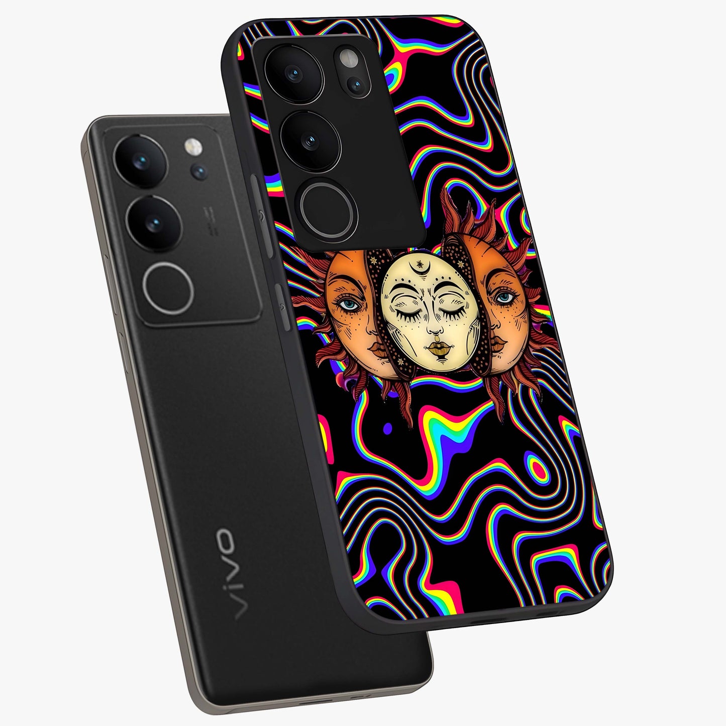 Psychedelic Sun Glass Case displayed in angled mockup highlighting vibrant abstract sun design with artistic aesthetic style.