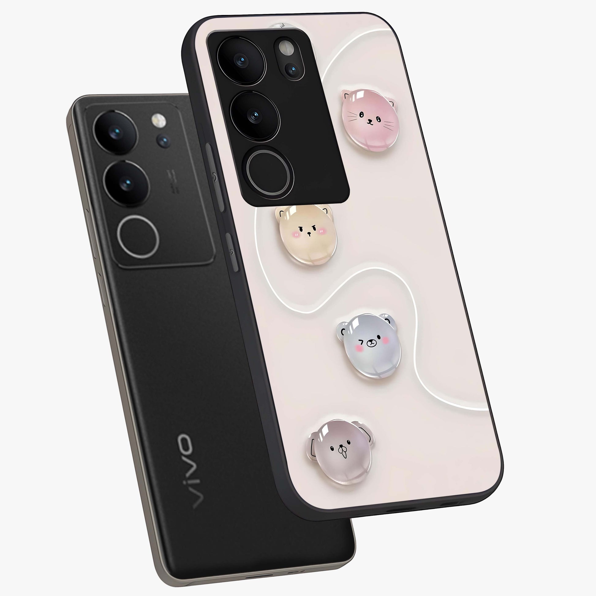 Puffy Face Parade Glass Case displayed in angled mockup highlighting playful cartoon face design with fun aesthetic.