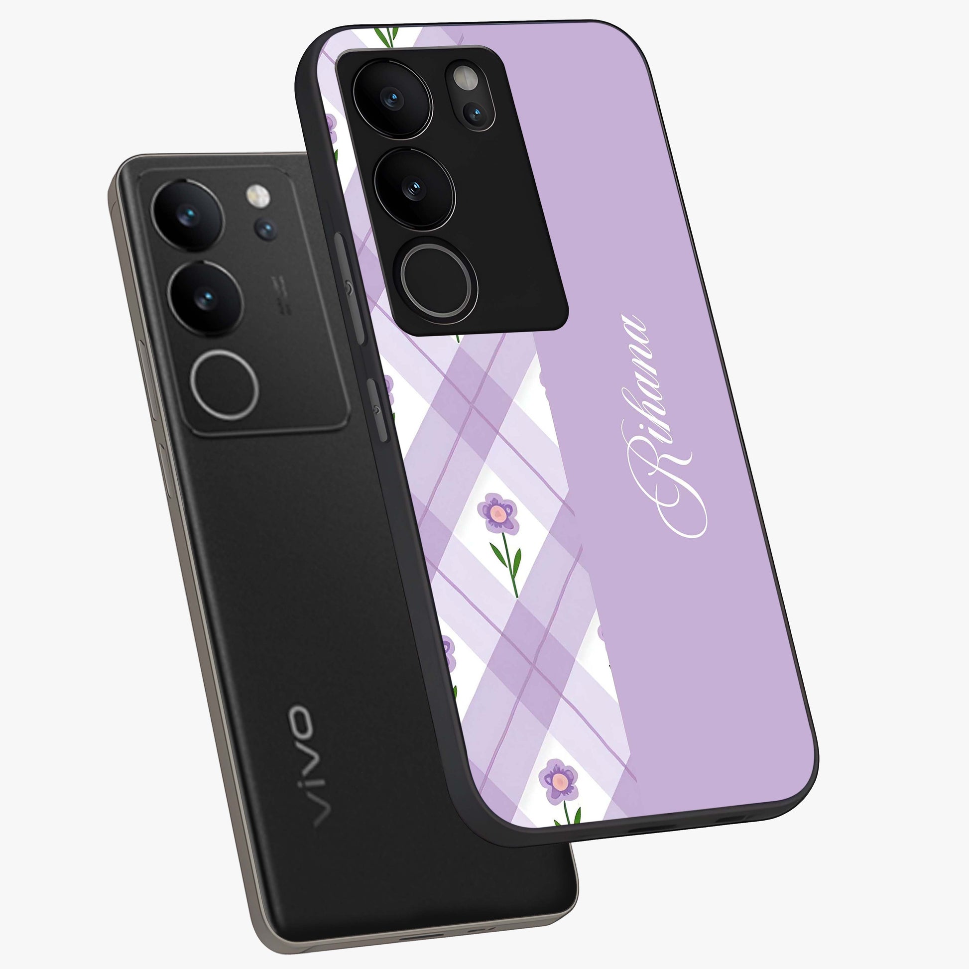 Purple Diamond Floral Glass Case displayed in angled mockup highlighting elegant purple flower design with decorative pattern.