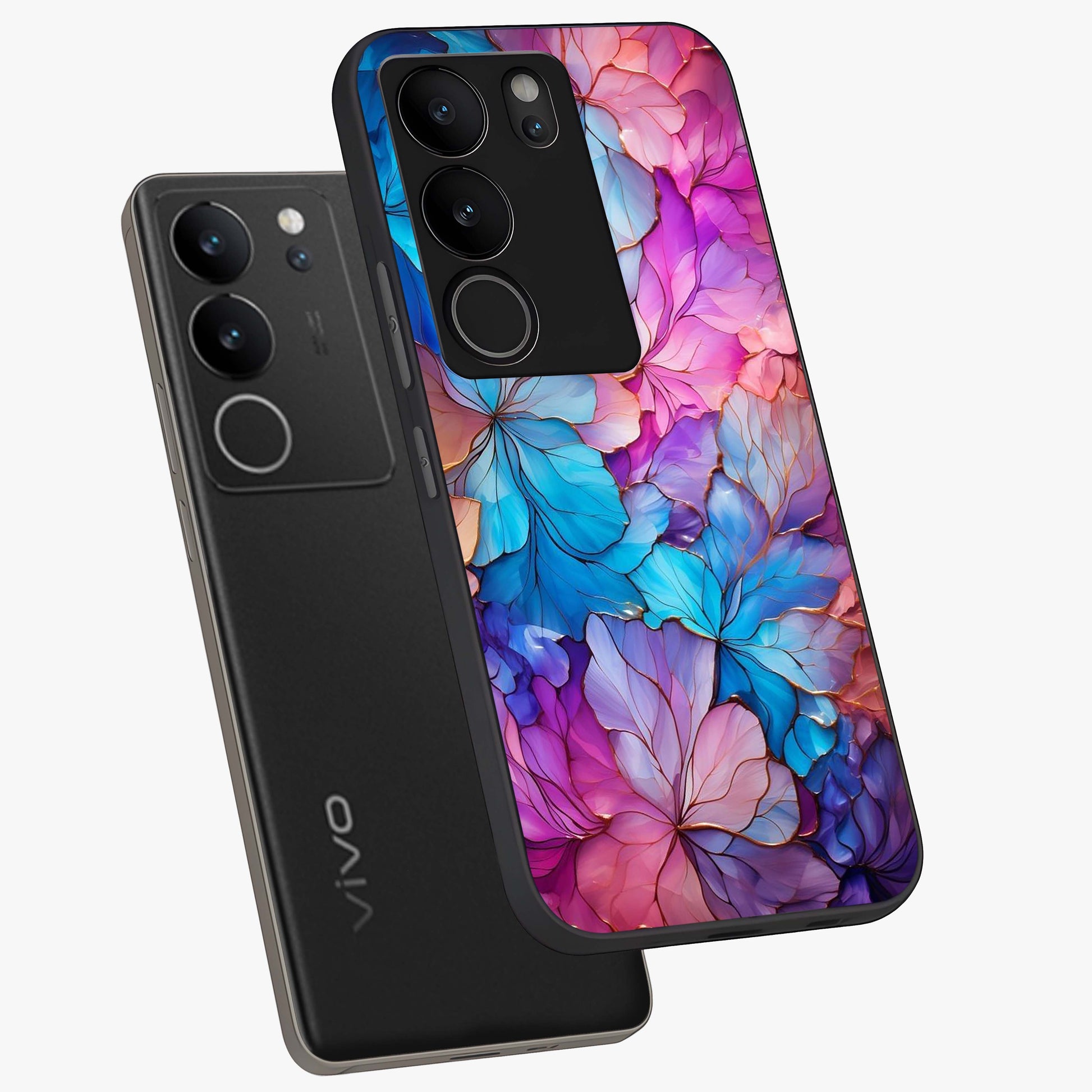 Radiant Floral Whirl Glass Case displayed in angled mockup highlighting vibrant flower pattern with dynamic artistic aesthetic.