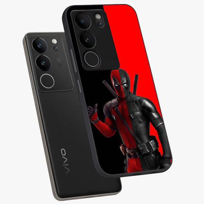 Red & Black Deadpool Theme Glass Case displayed in angled mockup highlighting vibrant superhero style illustration with action aesthetic.