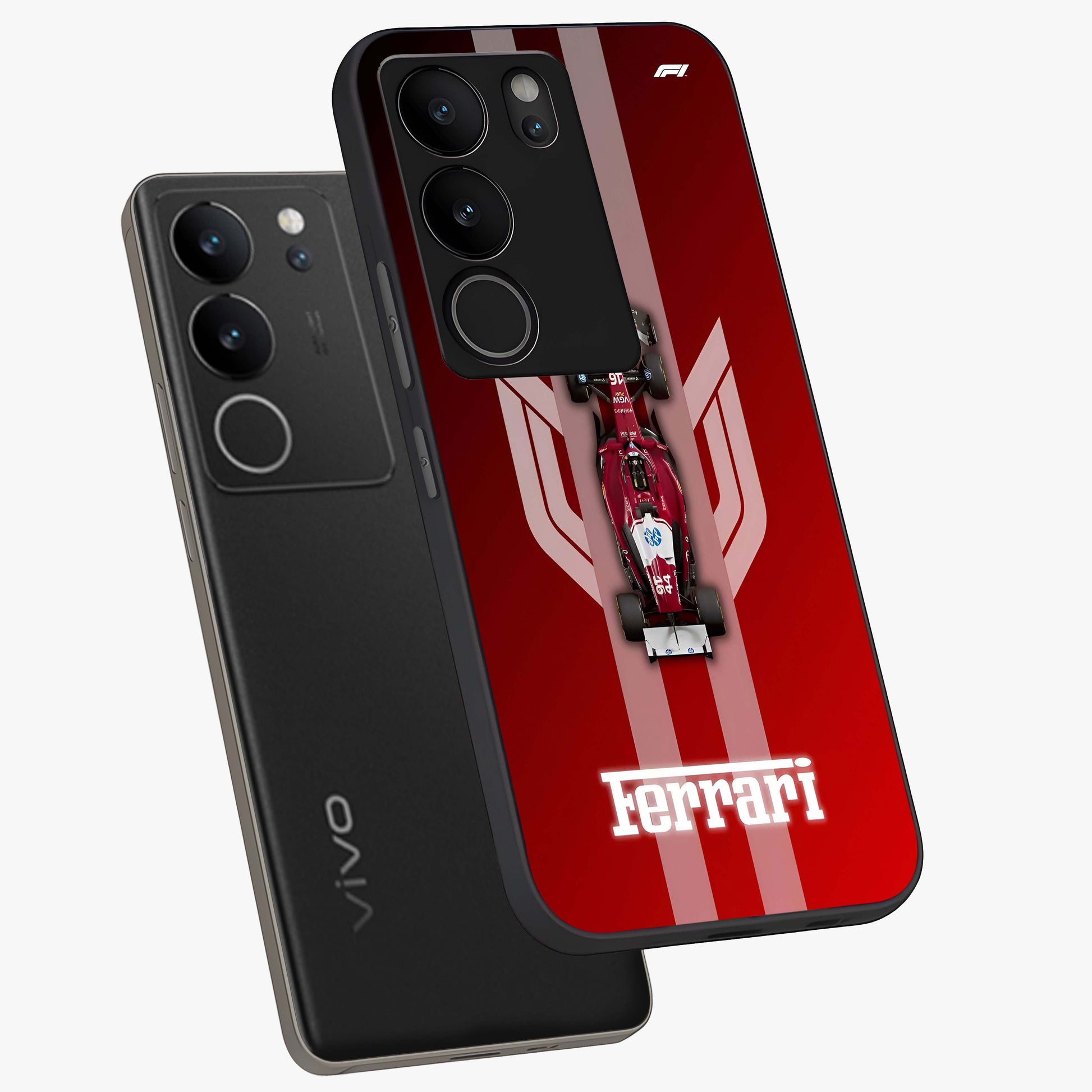 Red Ferrari F1 Vertical Glass Case displayed in angled mockup highlighting high speed racing design with bold automotive aesthetic.