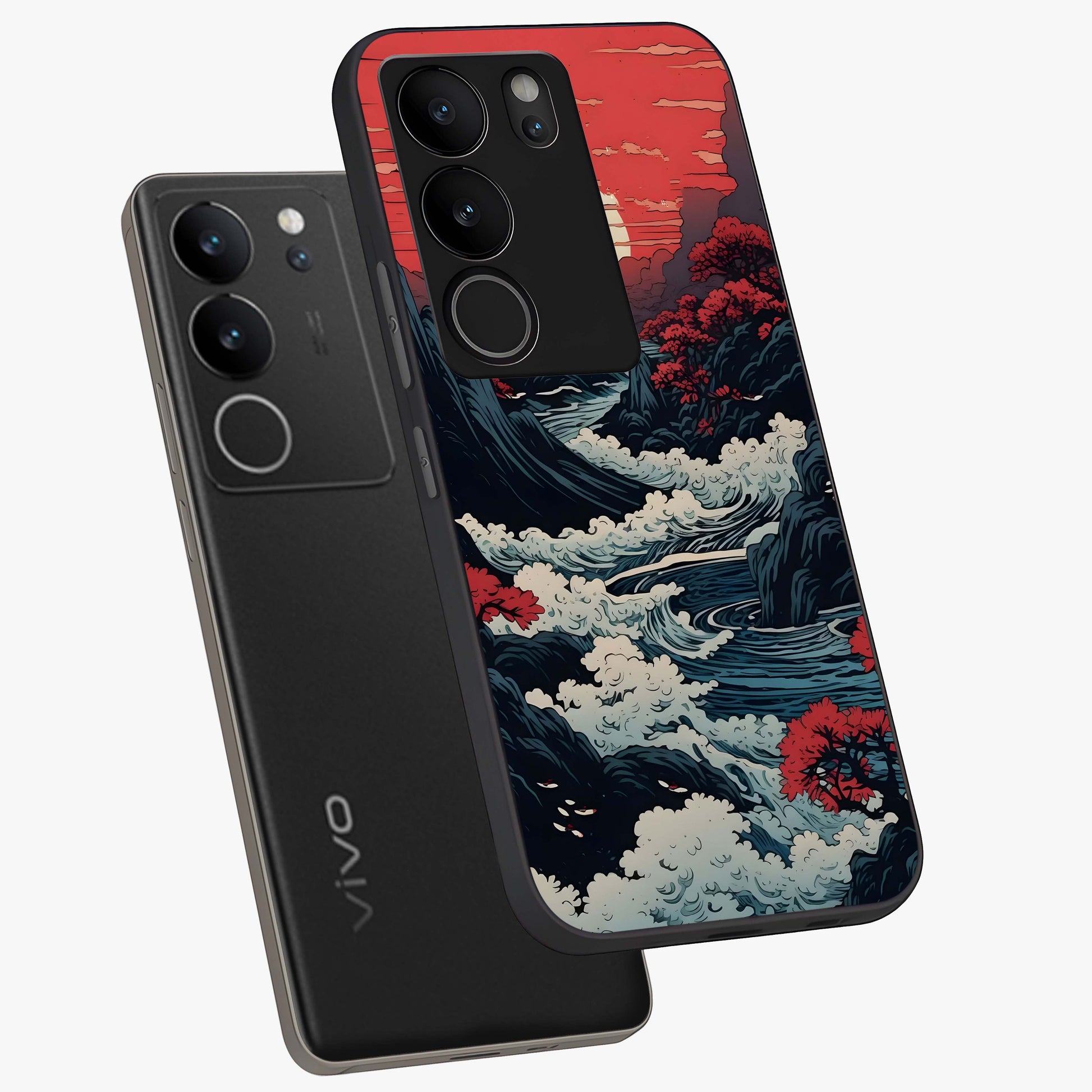 Red Sunset Scenery Glass Case displayed in angled mockup highlighting glowing sunset sky design with scenic aesthetic.