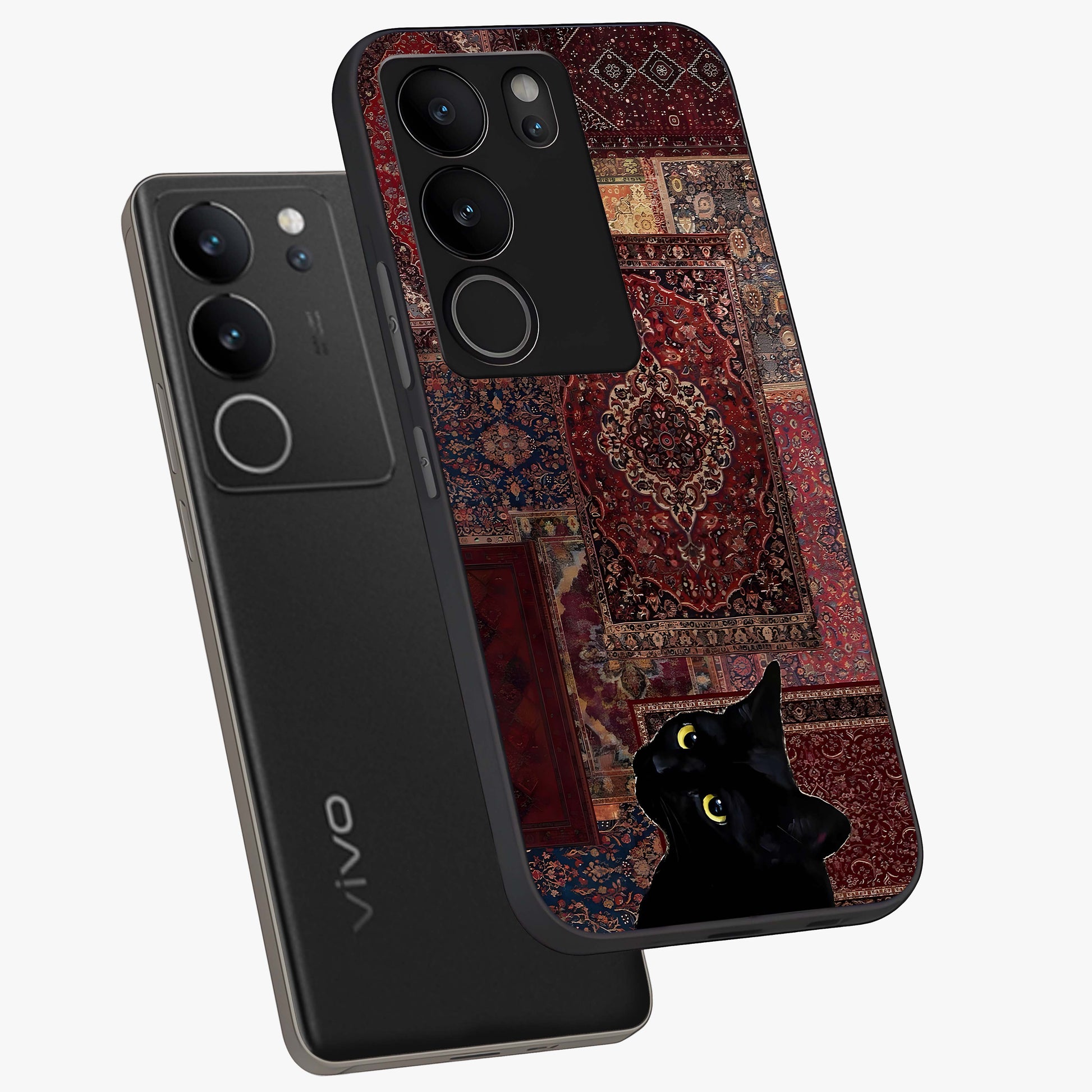 Regal Magic Cat Apple Glass Case displayed in angled mockup highlighting whimsical feline design with fantasy aesthetic.