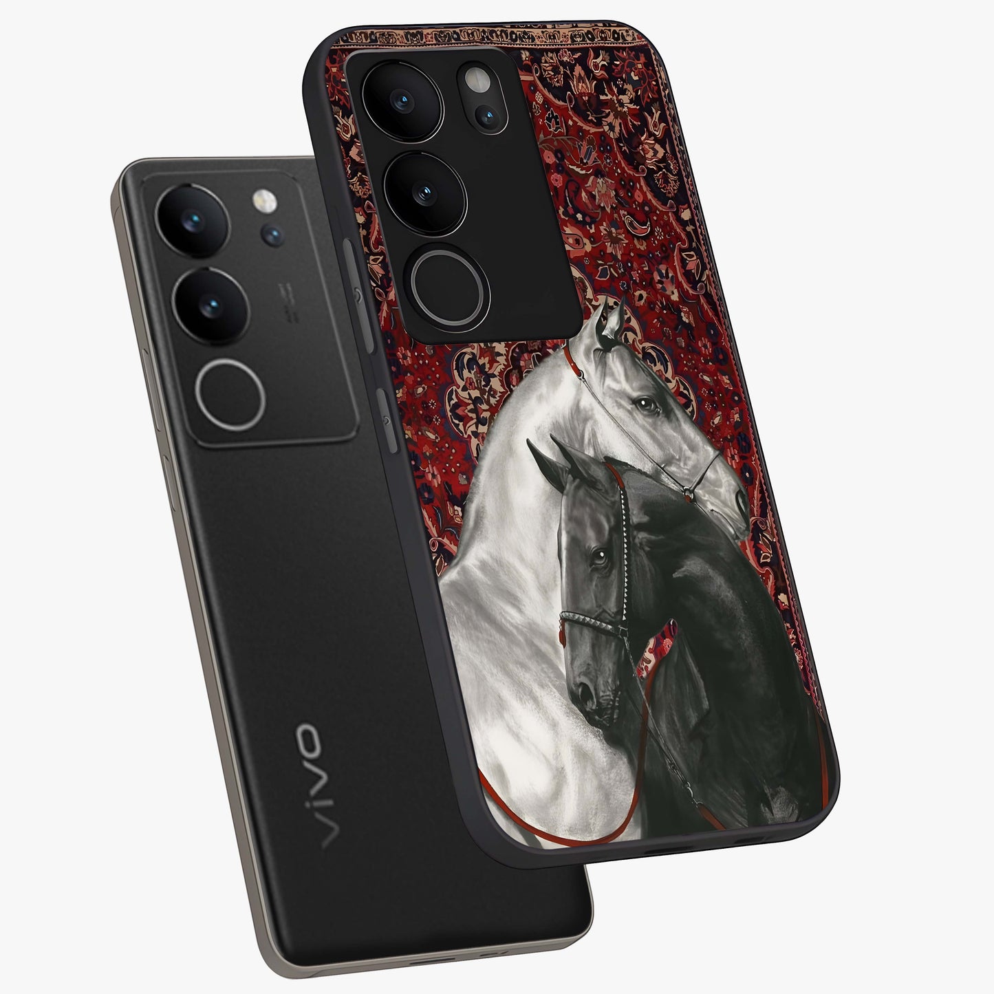 Regal Stallion Tapestry Glass Case displayed in angled mockup highlighting royal stallion design with decorative heritage aesthetic.