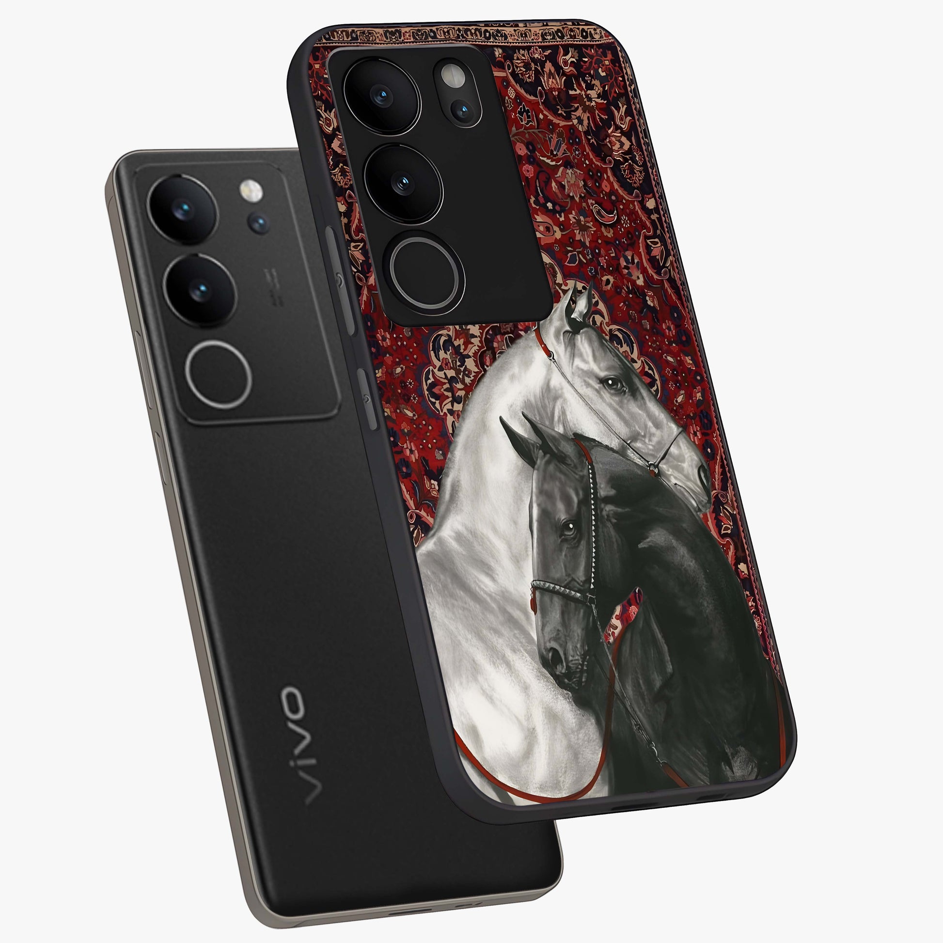 Regal Stallion Tapestry Glass Case displayed in angled mockup highlighting royal stallion design with decorative heritage aesthetic.
