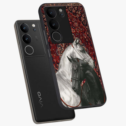 Regal Stallion Tapestry Glass Case displayed in angled mockup highlighting royal stallion design with decorative heritage aesthetic.