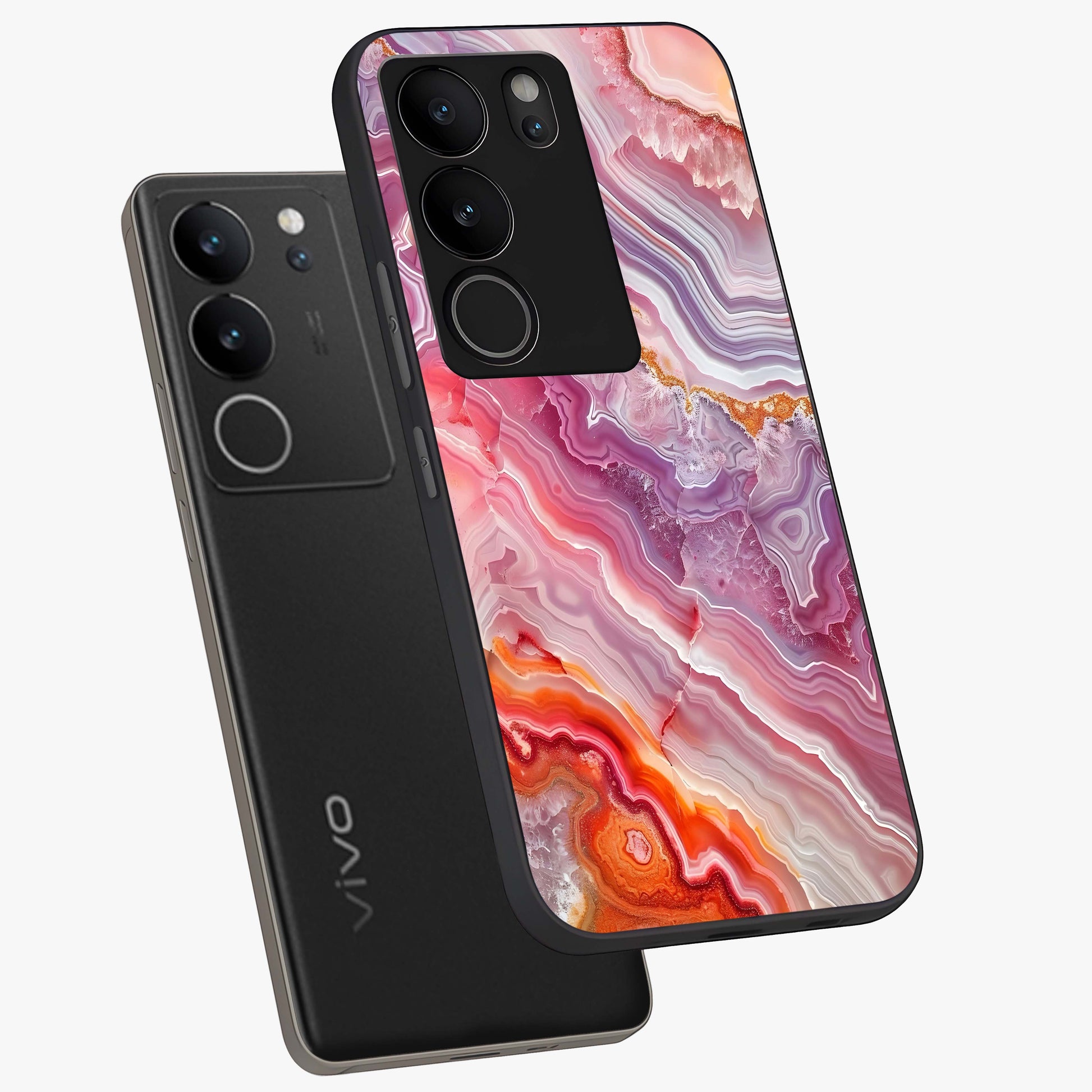 Rose Quartz Marble Glass Case displayed in angled mockup highlighting elegant marble pattern with soft aesthetic style.