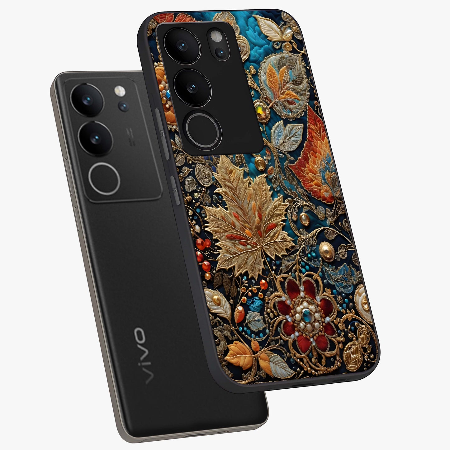 Royal Jewel Garden Glass Case displayed in angled mockup highlighting vibrant jewel inspired floral design with elegant aesthetic.