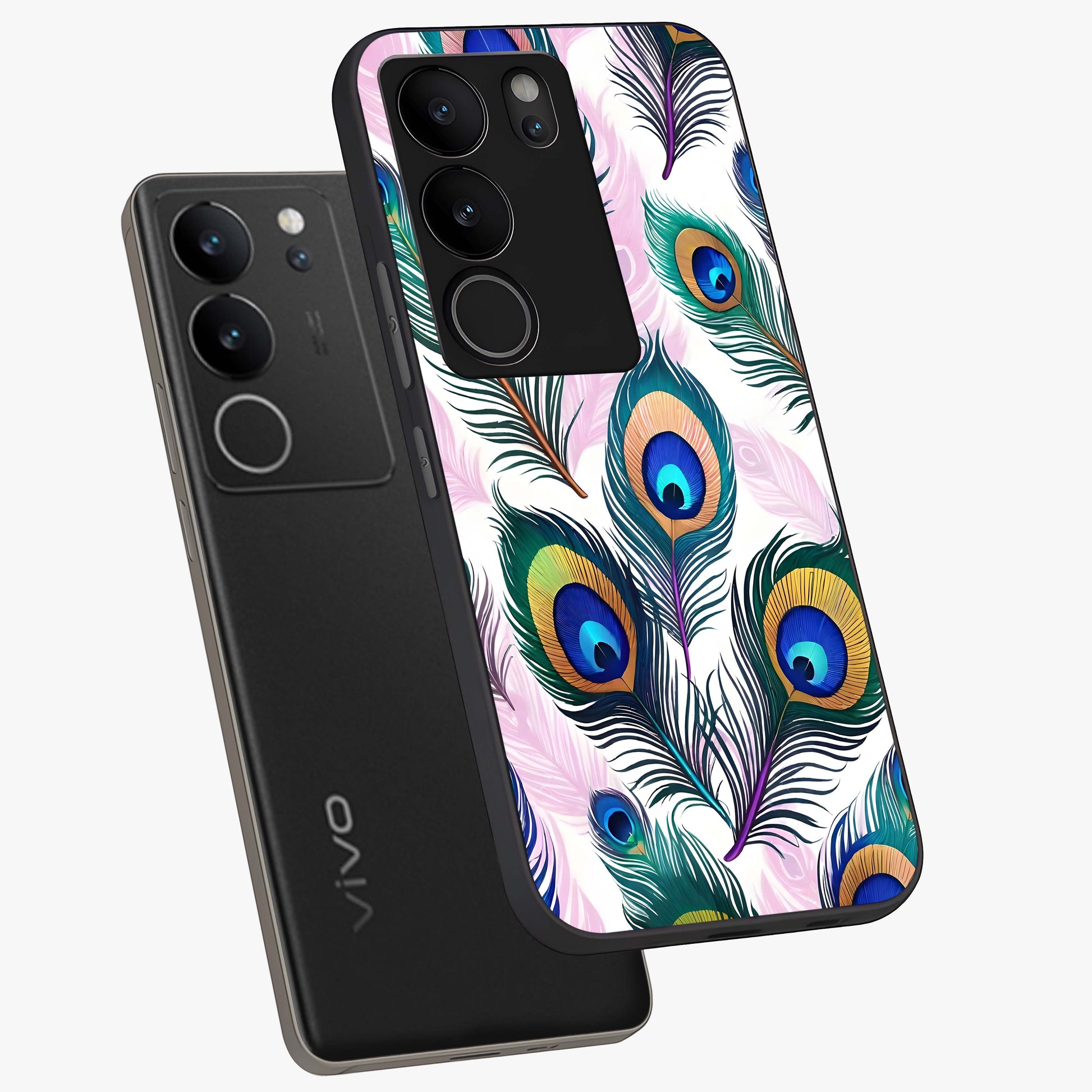 Royal Peacock Feathers Glass Case displayed in angled mockup highlighting vibrant feather pattern with regal aesthetic style.