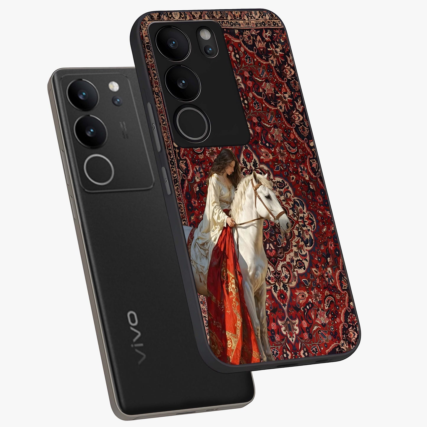 Royal Rider Tapestry Glass Case displayed in angled mockup highlighting traditional tapestry design with royal heritage aesthetic.