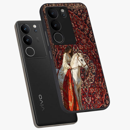 Royal Rider Tapestry Glass Case displayed in angled mockup highlighting traditional tapestry design with royal heritage aesthetic.