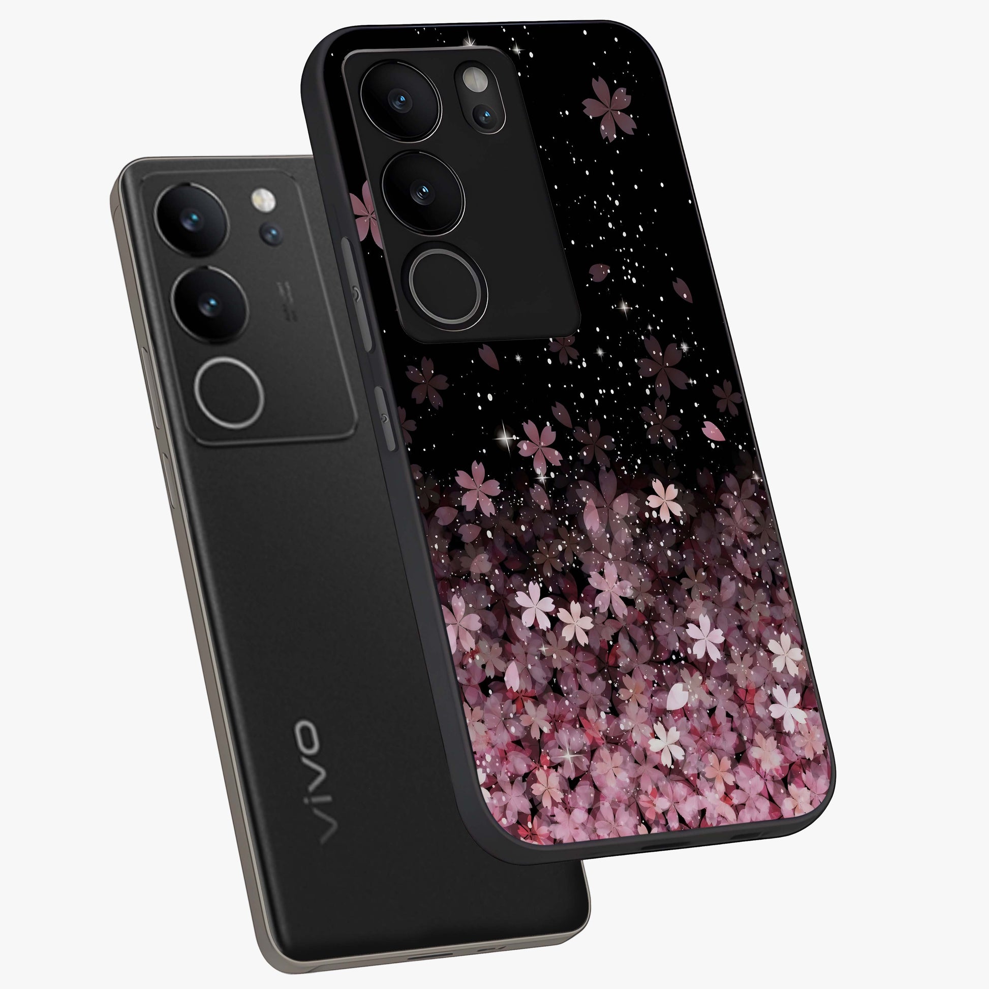 Small Starry Flowers Glass Case displayed in angled mockup highlighting tiny flower pattern with celestial aesthetic style.