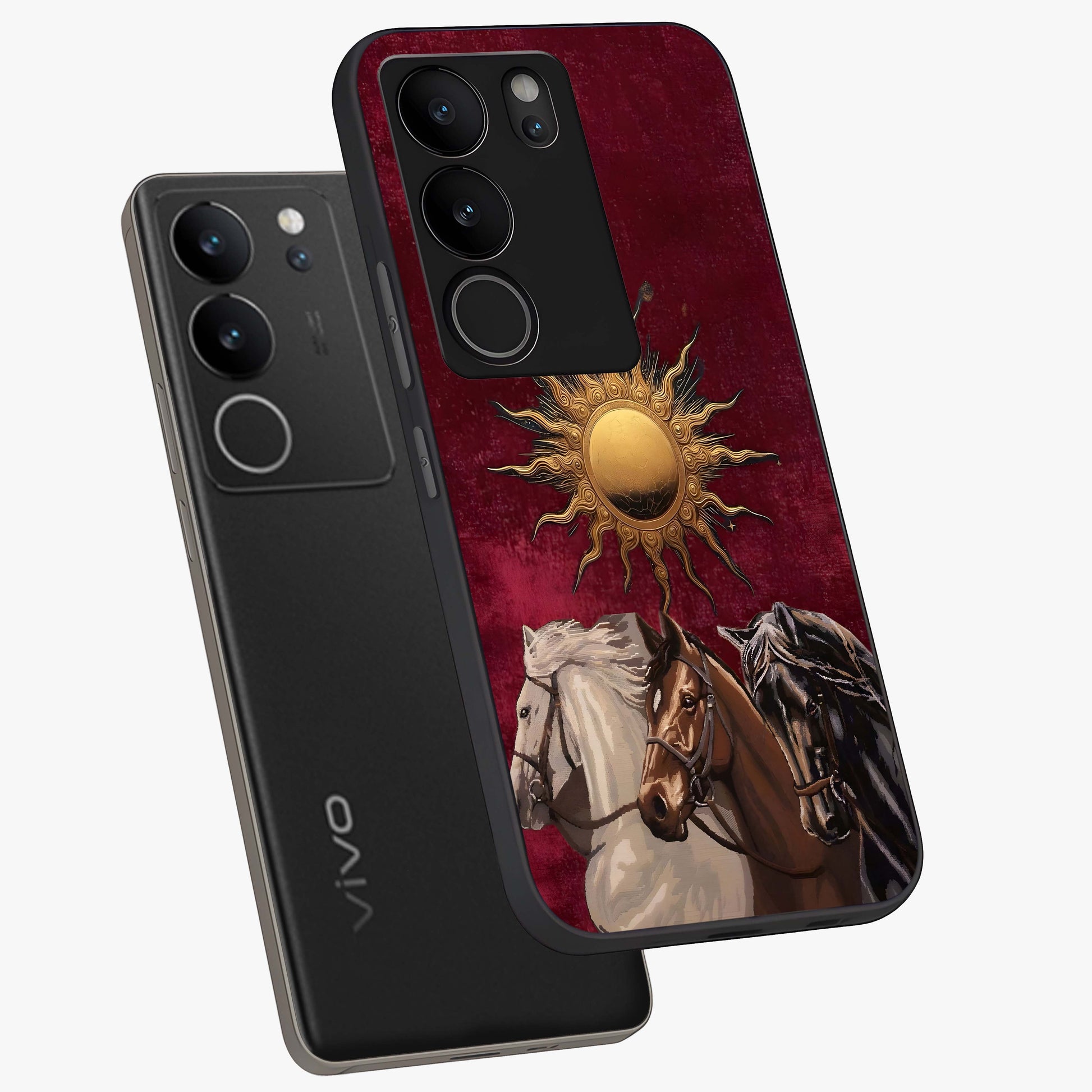 Solar Riders Glass Case displayed in angled mockup highlighting powerful rider illustration with radiant solar aesthetic.