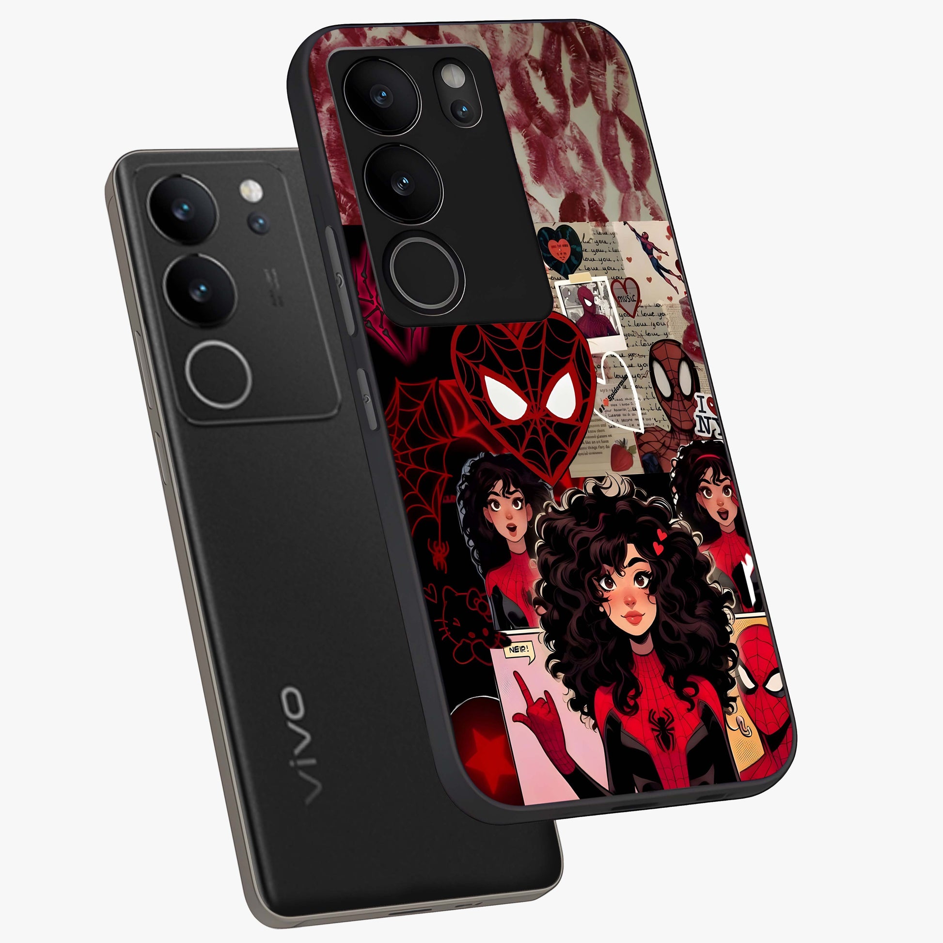 Spider Love Story Glass Case displayed in angled mockup highlighting expressive comic inspired design with playful aesthetic.