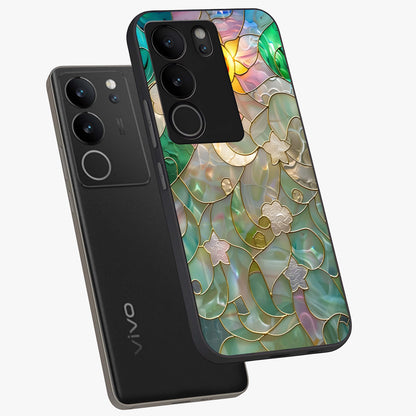 Stained Sunrise Glow Glass Case displayed in angled mockup highlighting radiant sunrise design with artistic aesthetic style.