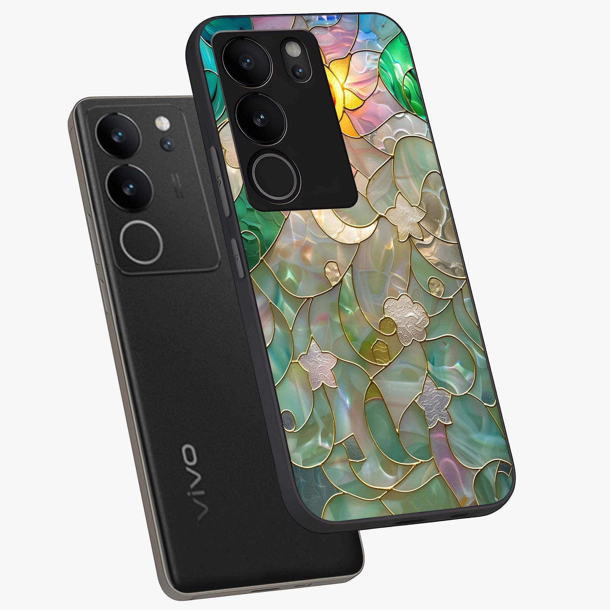 Stained Sunrise Glow Glass Case displayed in angled mockup highlighting radiant sunrise design with artistic aesthetic style.