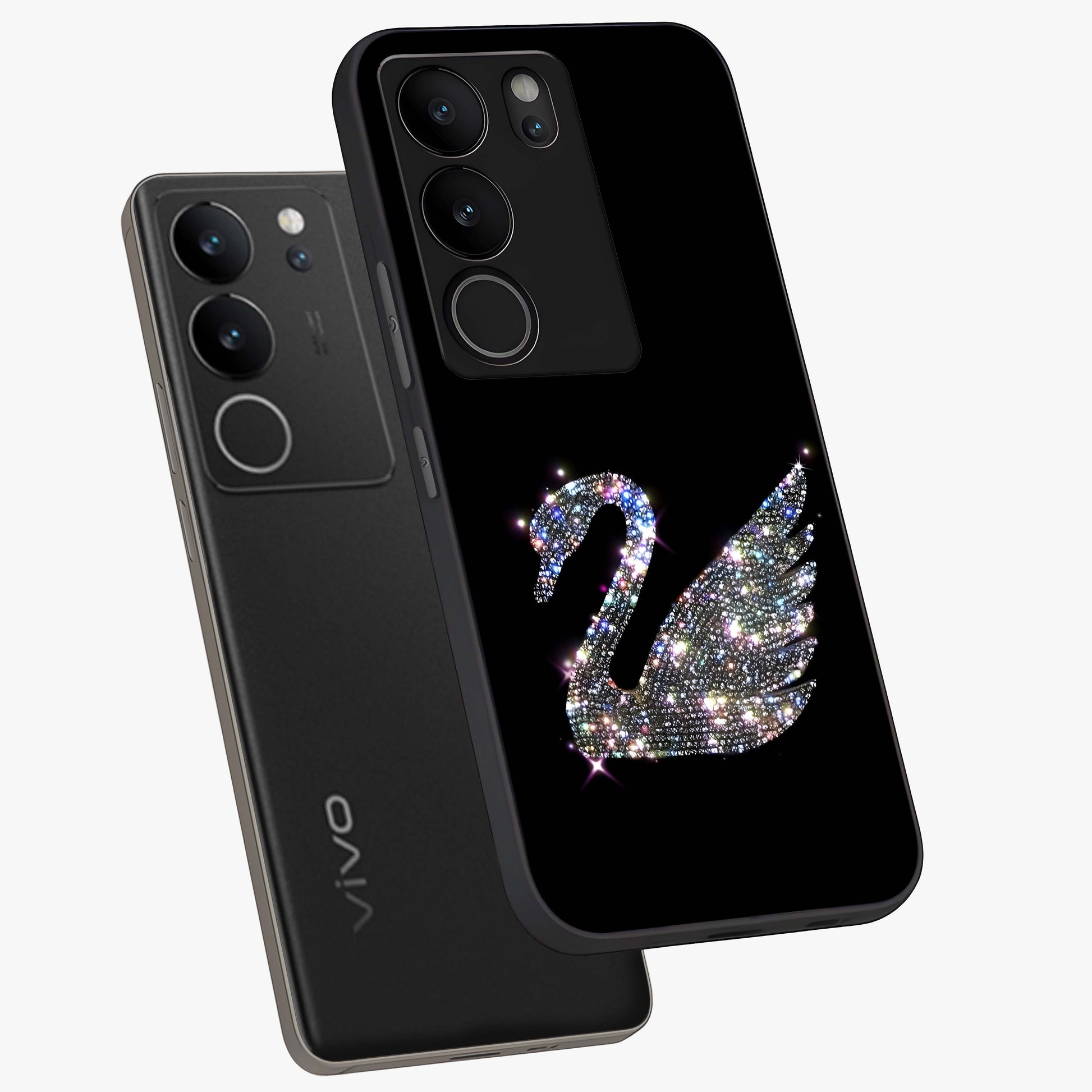 Starlit Swan Grace Glass Case displayed in angled mockup highlighting elegant swan illustration with dreamy celestial aesthetic.