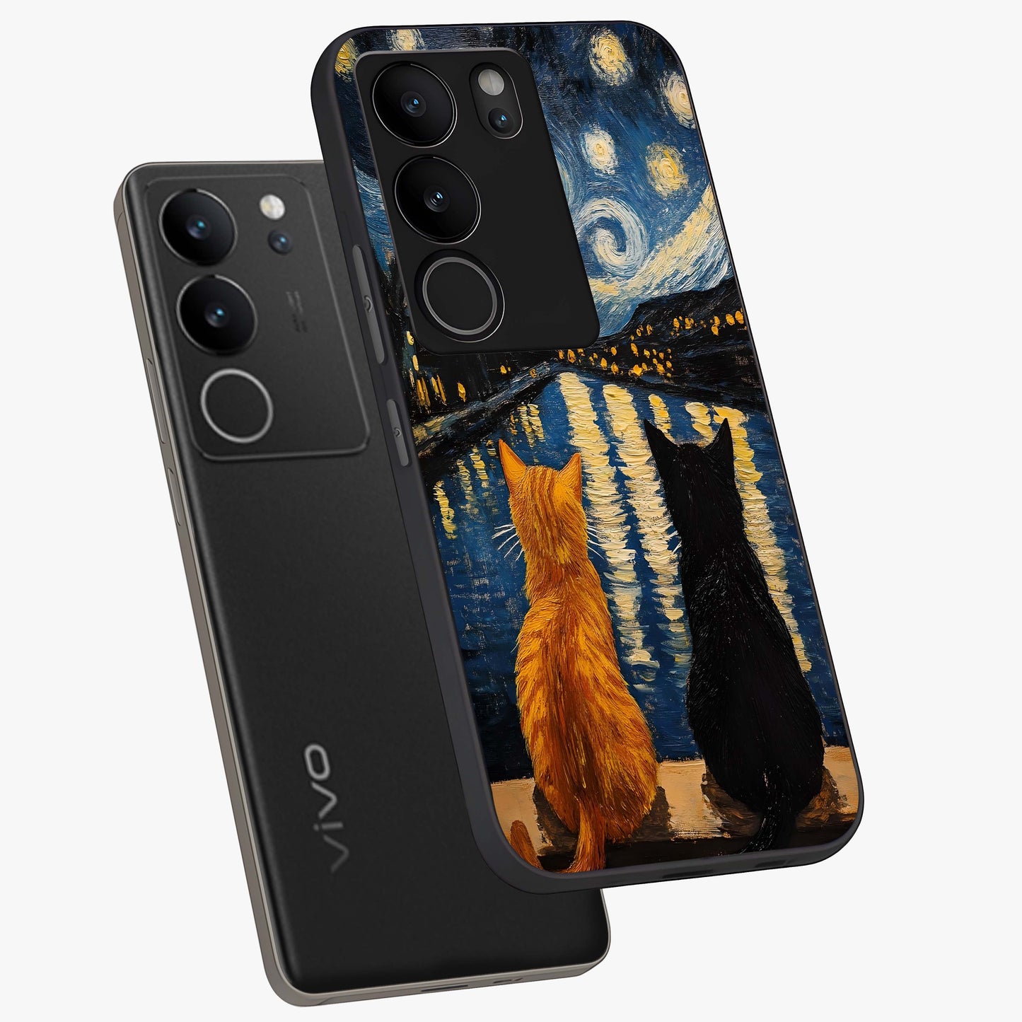 Starry River Cats Glass Case displayed in angled mockup highlighting charming feline illustration with dreamy night aesthetic.