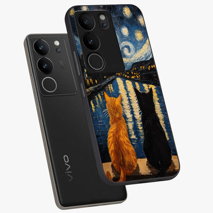 Starry River Cats Glass Case displayed in angled mockup highlighting charming feline illustration with dreamy night aesthetic.