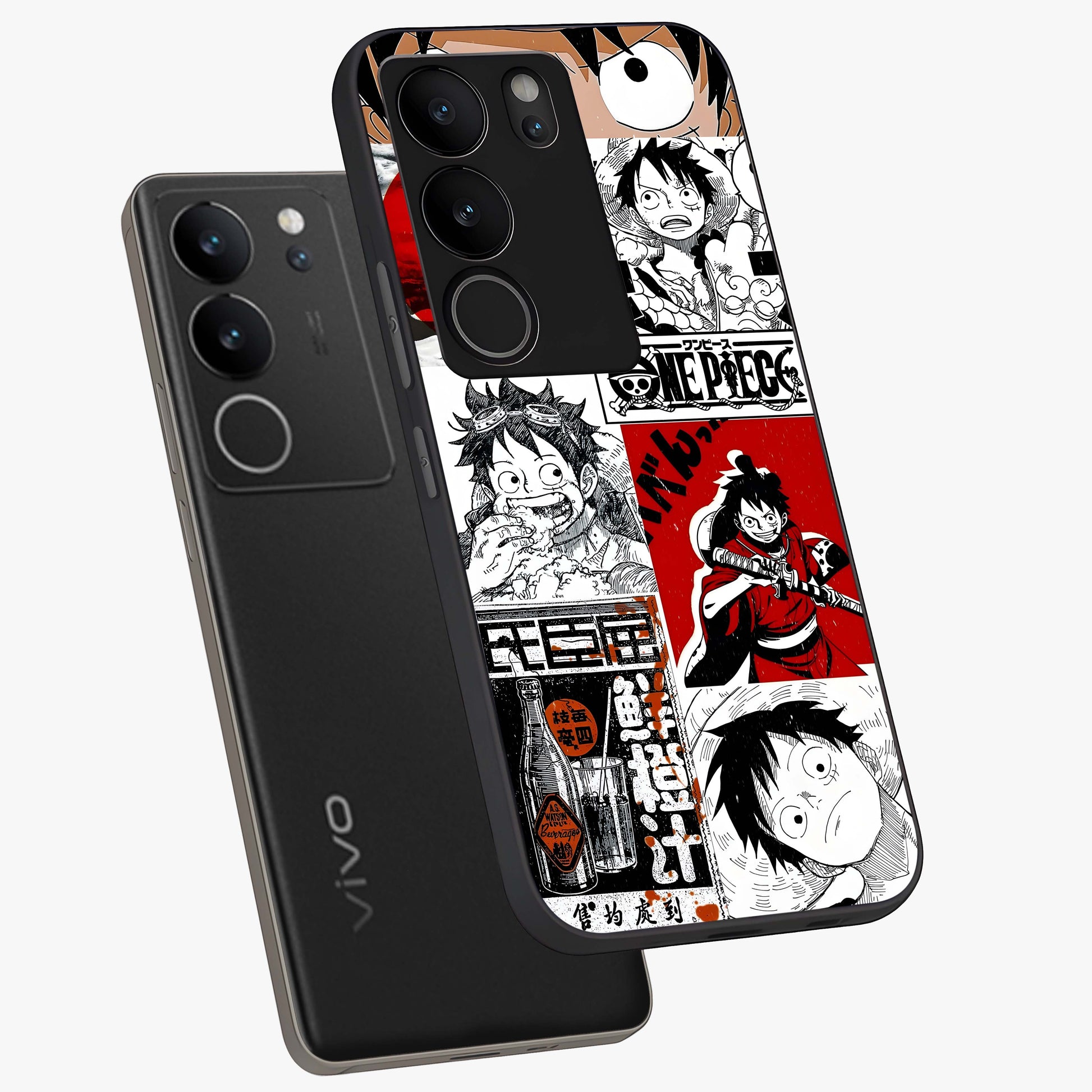 Strawhat Chaos Panels Glass Case displayed in angled mockup highlighting vibrant anime collage design with action aesthetic.