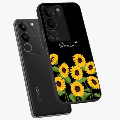 Sunflower Chic Mood Custom Name Glass Case displayed in angled mockup highlighting vibrant sunflower design with custom name feature.