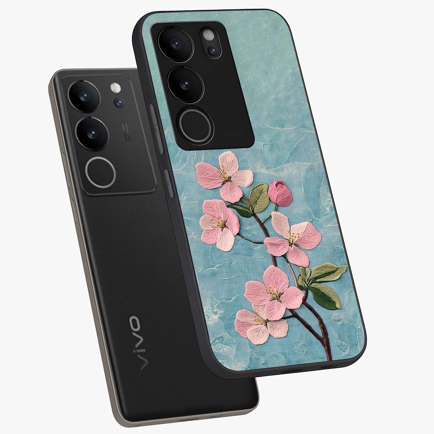 Threaded Blossom Breeze Glass Case displayed in angled mockup highlighting elegant floral design with soft aesthetic style.