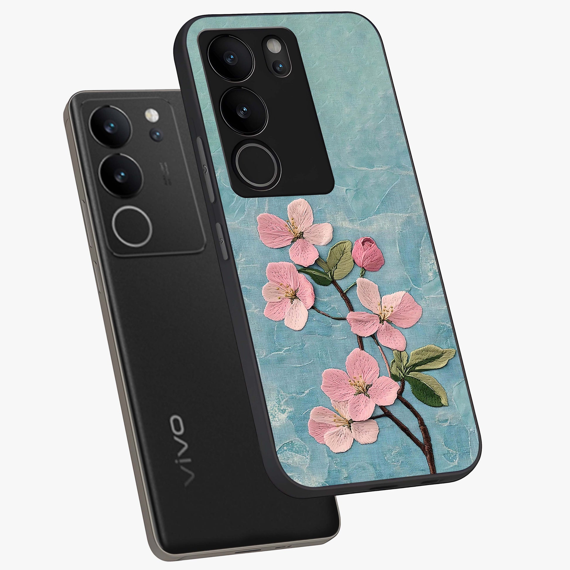 Threaded Blossom Breeze Glass Case displayed in angled mockup highlighting elegant floral design with soft aesthetic style.