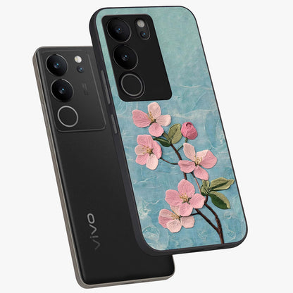 Threaded Blossom Breeze Glass Case displayed in angled mockup highlighting elegant floral design with soft aesthetic style.