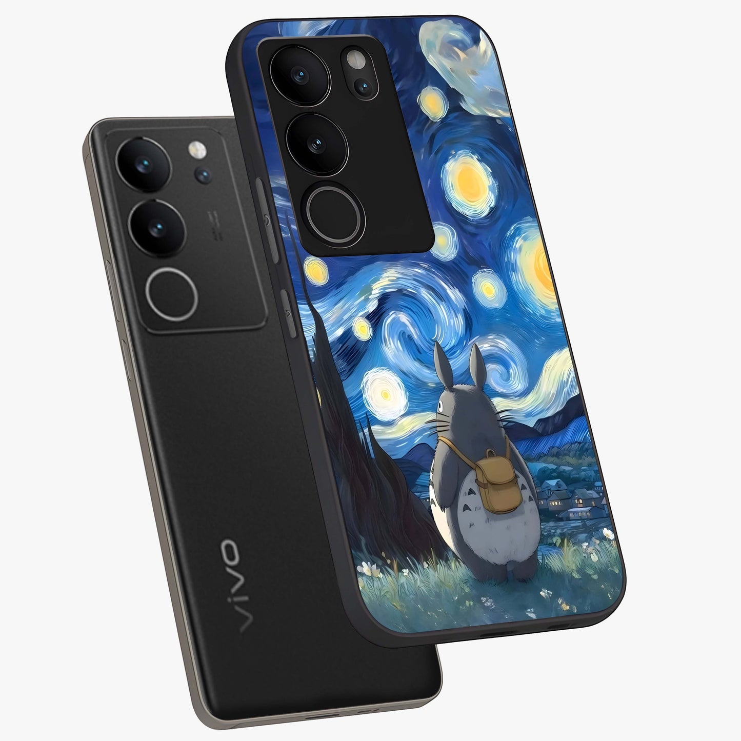 Totoro In Van Gogh Art Glass Case displayed in angled mockup highlighting artistic swirling sky design with playful animation aesthetic.