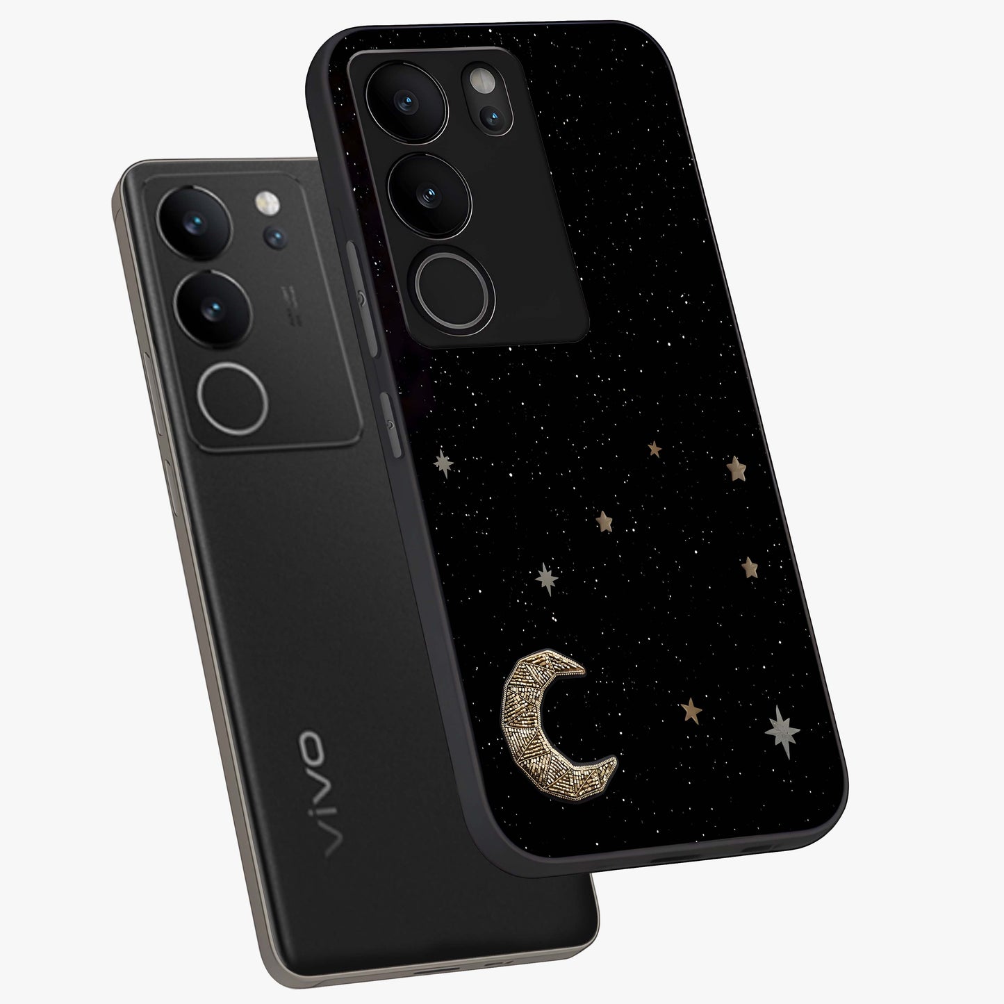 Twinkle Star With Half Moon Glass Case displayed in angled mockup highlighting celestial moon and star design with magical aesthetic.