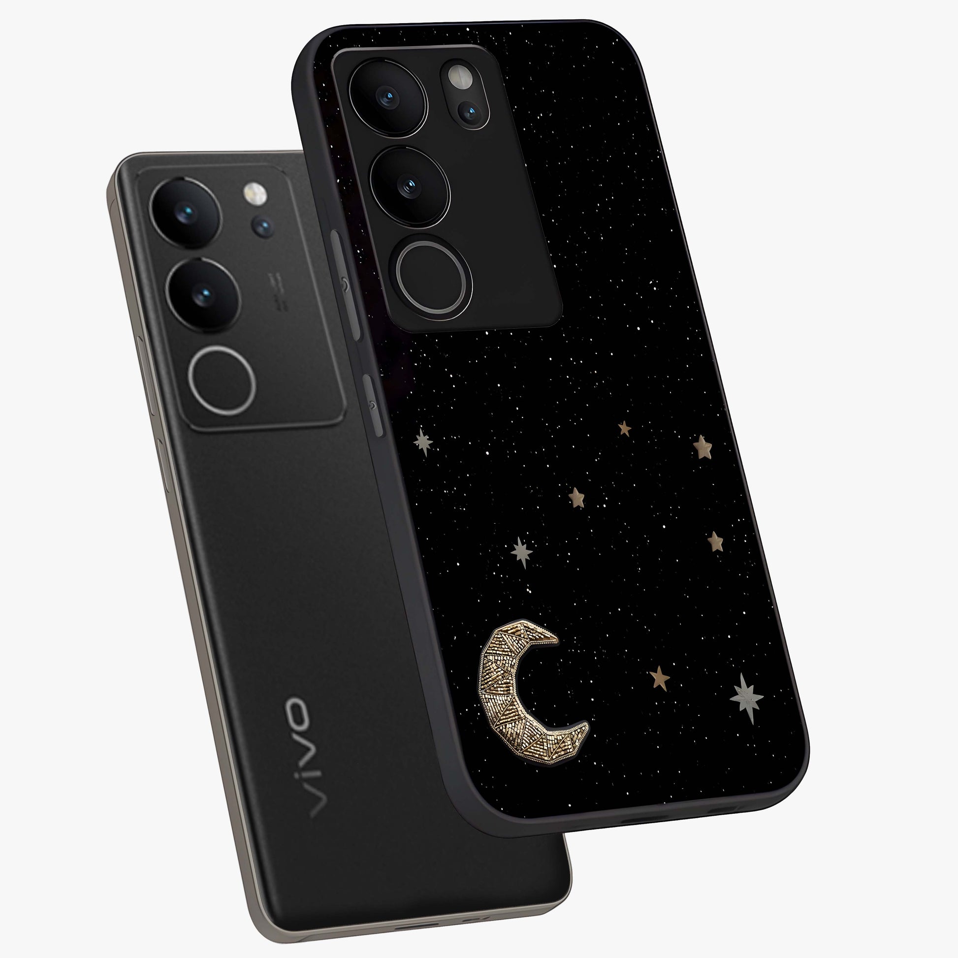 Twinkle Star With Half Moon Glass Case displayed in angled mockup highlighting celestial moon and star design with magical aesthetic.
