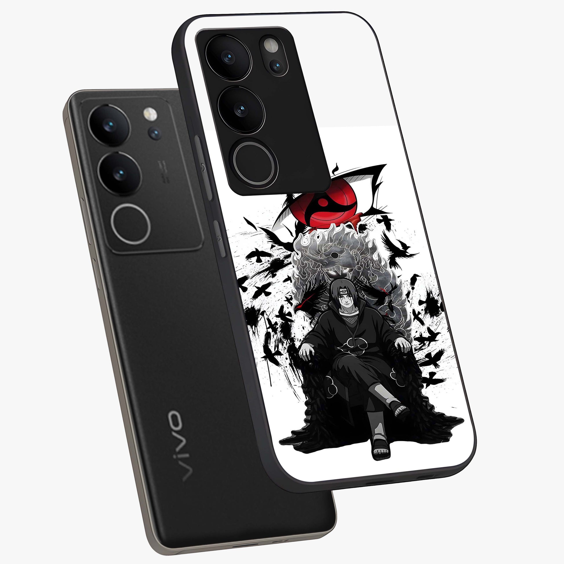 Uchiha Shadow Throne Glass Case displayed in angled mockup highlighting glowing aquatic design with celestial aesthetic.