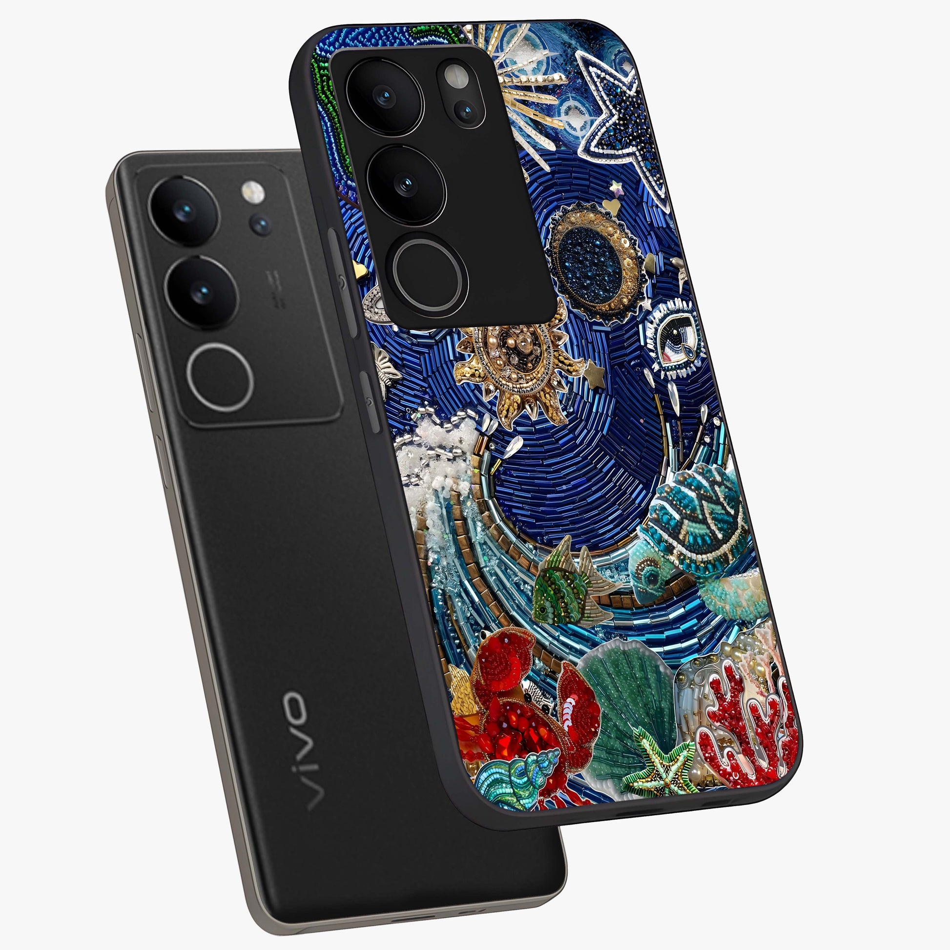 Universe Underwater Spark Glass Case displayed in angled mockup highlighting glowing aquatic design with celestial aesthetic.