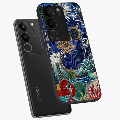 Universe Underwater Spark Glass Case displayed in angled mockup highlighting glowing aquatic design with celestial aesthetic.