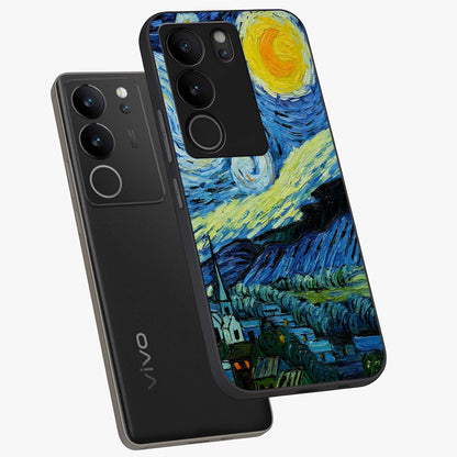 Van Gogh Art Glass Case displayed in angled mockup highlighting swirling brushstroke design with artistic aesthetic.