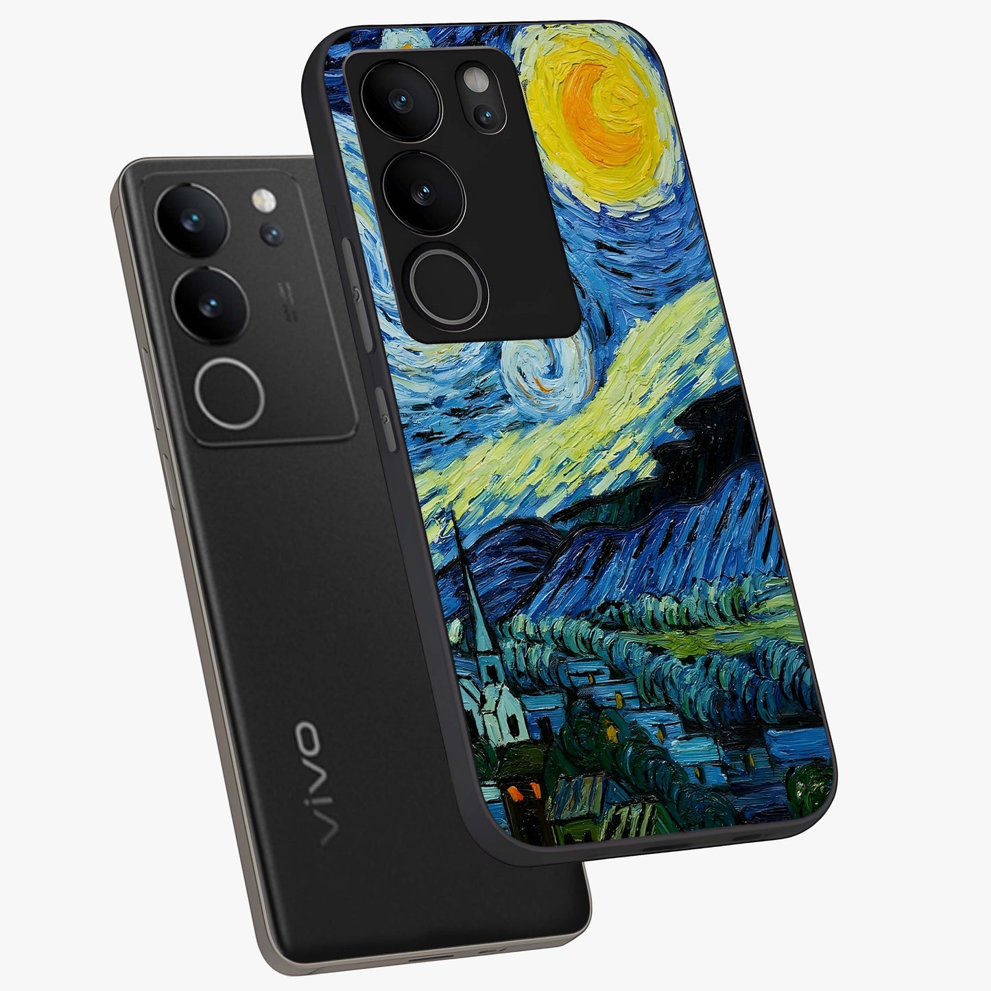 Van Gogh Art Glass Case displayed in angled mockup highlighting swirling brushstroke design with artistic aesthetic.