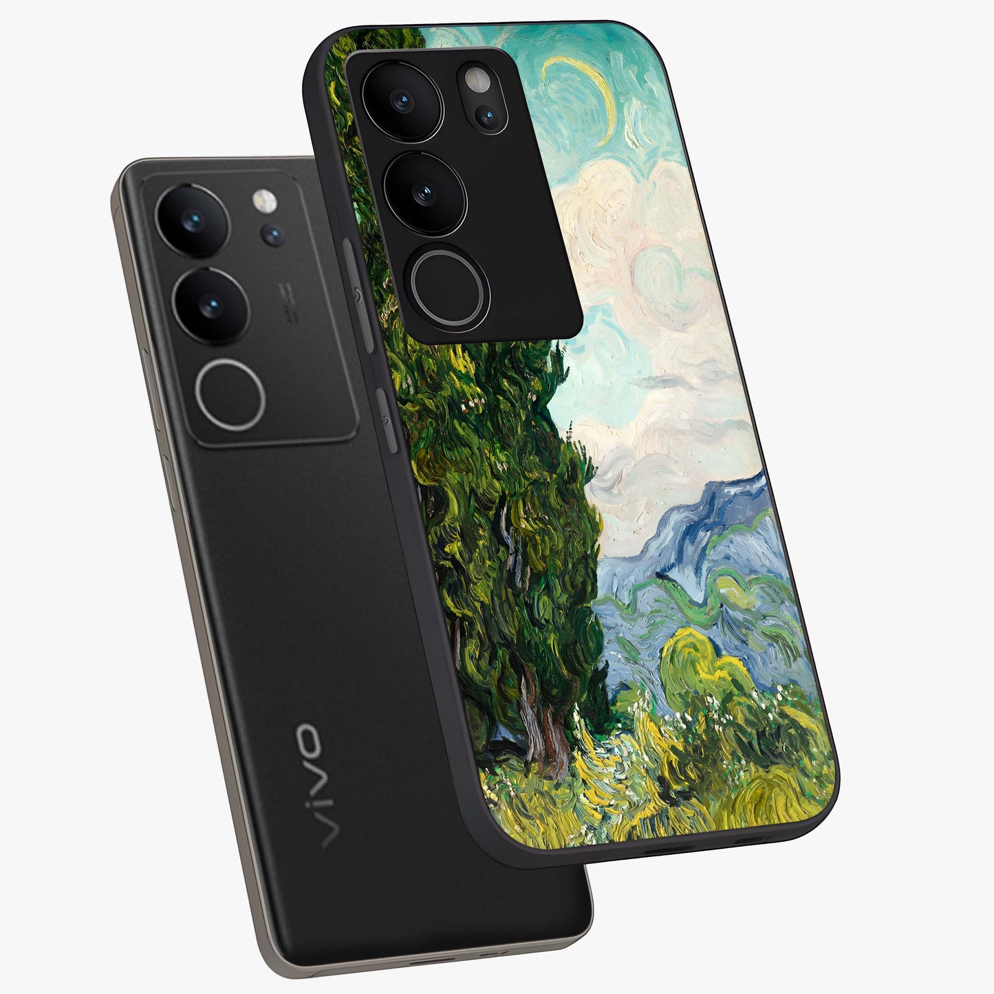 Van Gogh Vintage Art Glass Case displayed in angled mockup highlighting textured brushstroke design with classic aesthetic.